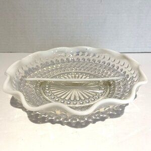 Fenton Clear To White Glass Hobnail Divided Dish Bowl Ruffled Edge Vintage MCM